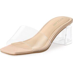 🆕Women Clear Nude Square Open Toe Heels Sandals Low Block Chunky Heeled Sandal